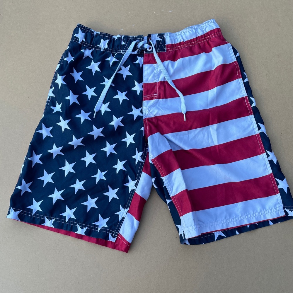 Faded Glory Swim Trunks Mens M 32-34 Red White Blue July 4th American Flag Stars